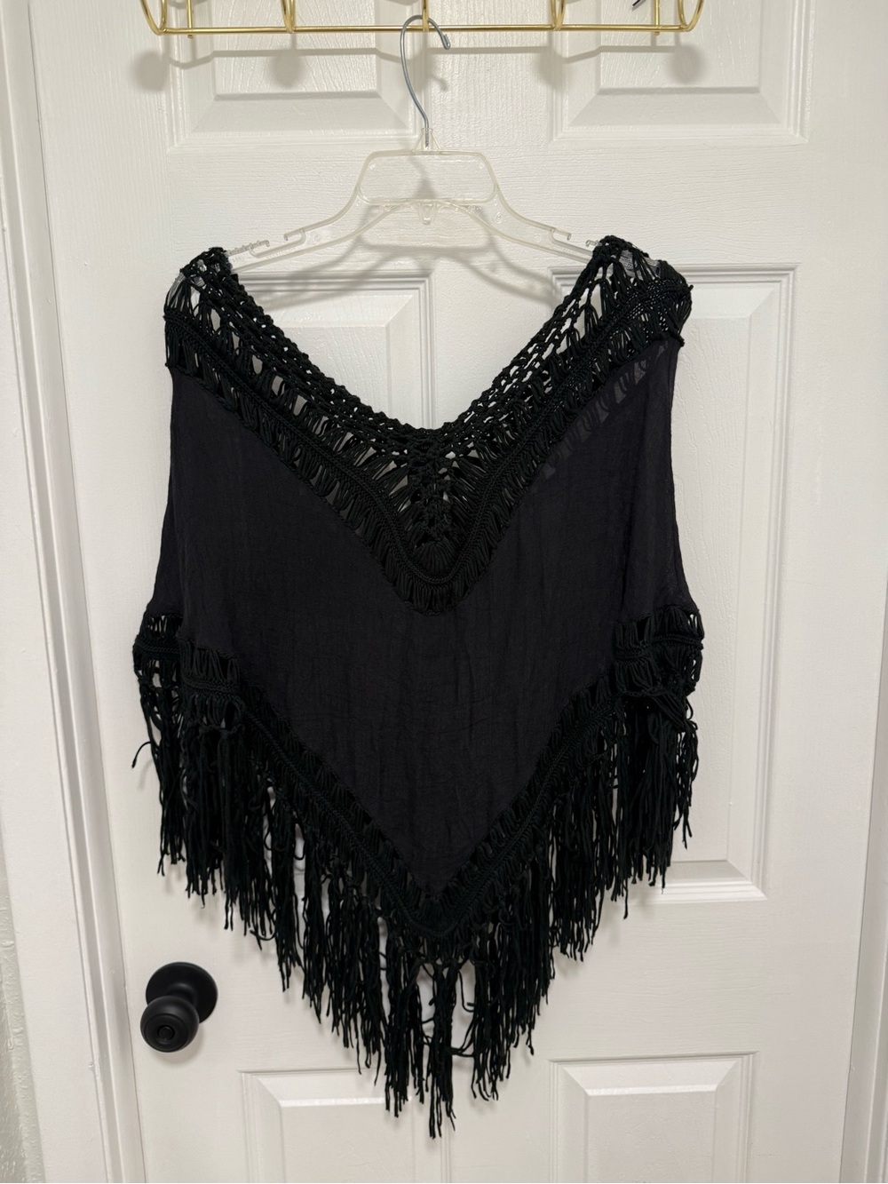 Steve Madden Black Crochet V-Neck Fringe Poncho